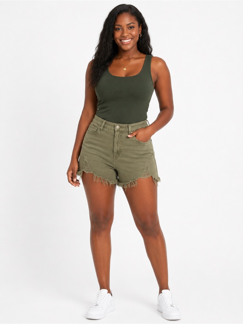 American Eagle Olive Distressed Denim Shorts – Women’s Size 6